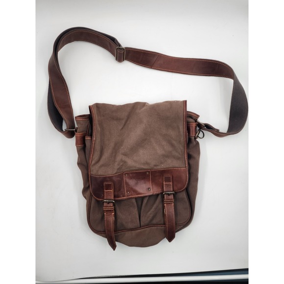 Fossil 54 Brown Leather Canvas Messenger Crossbody Traveler Bag - Picture 1 of 7